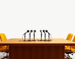 create a photo of an empty press conference table with microphones, place a subject on the right side of the image