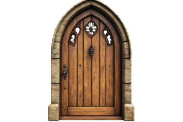 A weathered medieval doorway beckons to another world with secrets untold carved in wood and on transparent background