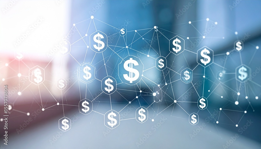 Poster abstract polygonal network over transparent dollar signs and finance icons in soft gradient tones.
