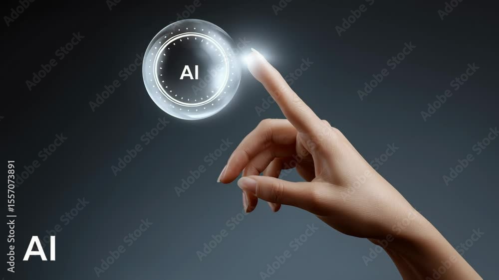 Poster hand reaching out to touch glowing ai interface bubble, showcasing interaction with technology, emph