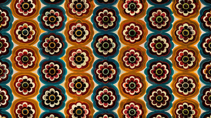 Retro Floral Pattern with Warm Earthy Tones and Deep Teal Accents