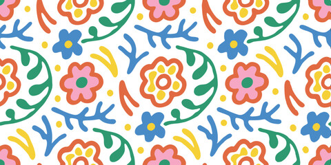 Vibrant Floral Motif: A cheerful and colorful seamless pattern filled with a collection of flowers, leaves, and artistic elements. Expresses the beauty of nature with playful details.