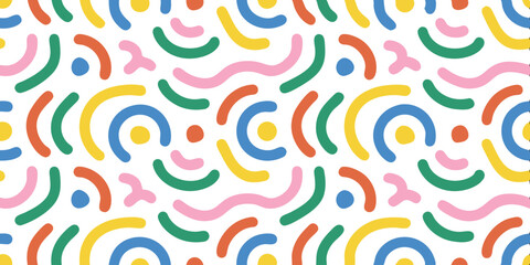 Geometric Rhythm: A vibrant and dynamic pattern of playful shapes and colors in a seamless composition, a visual symphony of lines, curves, and dots that inspires.