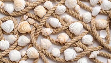 Seamless flat-lay of seashells and sailing ropes, creating a nautical themed background with elegant and organic interweaving pattern