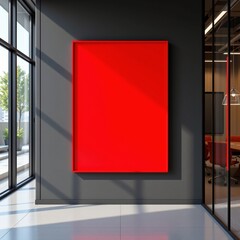 create a modern office interior image featuring a large blank vertical poster frame on a dark wall next to a glass walled meeting room with puters and