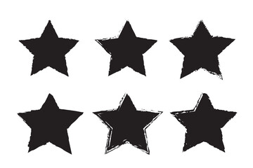 Red vintage stars with cracks and stains. Old hand-drawn sign, black simple shape. Retro design element with distressed effect, grunge texture. Vector illustration