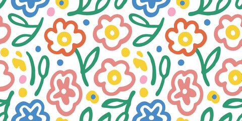 Floral Pattern: A vibrant, hand-drawn floral pattern showcases a seamless design, brimming with colorful flowers, delicate leaves, and charming illustrative style.