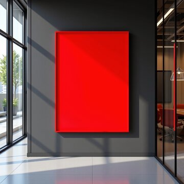 create a modern office interior image featuring a large blank vertical poster frame on a dark wall next to a glass walled meeting room with puters and