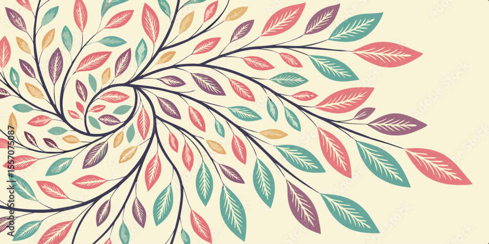 Poster delicate branch spiral: a meticulously crafted tree branch spiral with colorful leaves, inviting vie