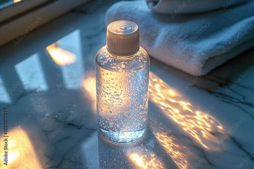 Poster clear bottle with liquid stands on a marble surface next to a stack of white towels with bright ligh