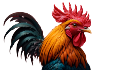 Beautiful rooster portrait showing colorful feathers against a transparent background, perfect for illustrations, graphics and designs needing farm animal themes.