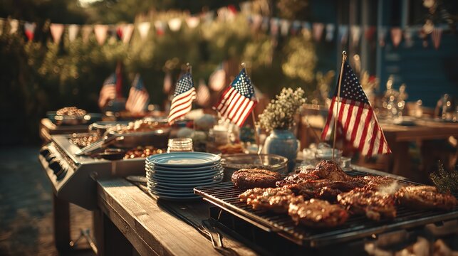 A Fourth of July backyard feast succulent grilled meats celebratory flags and joyful anticipation for a vibrant - Powered by Adobe