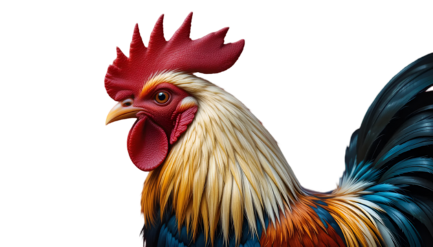 Majestic rooster boasts vibrant plumage against a stark transparent background, its bold colors and detailed features creating a striking avian portrait.