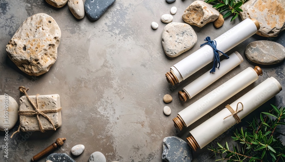 Poster abstract flat lay of scrolls and stones symbolizing ancient knowledge and history