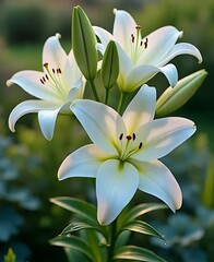 Obraz premium cluster of pristine white lilies blooming in a tranquil dawn garden. The lilies' petals are gracefully unfurled, catching the soft glow of the rising sun, with intricate detailing revealing delicate 