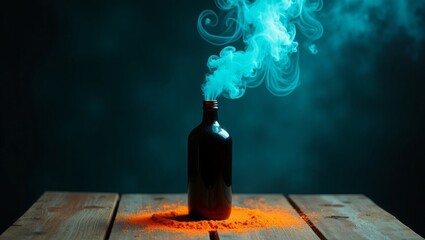 Dark Bottle Teal Smoke Orange Powder Wooden Table glass bottle