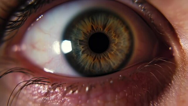 Striking Macro Close-up of a Detailed Human Eye with Hazel Iris and Dilated Pupil