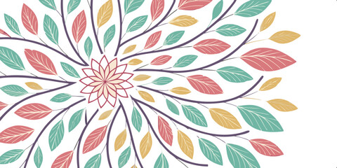 Autumn Leaves Mandala: A vibrant mandala design featuring stylized autumn leaves in shades of red, orange, and green, arranged in a circular pattern around a central flower.