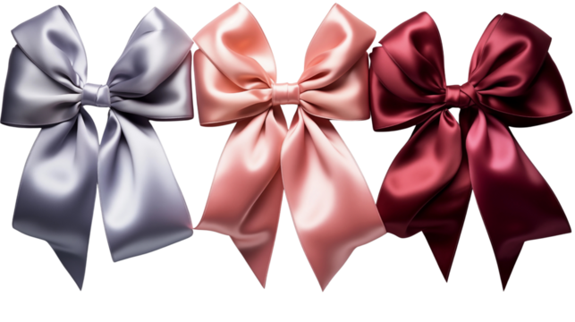 Three satin bows in a row present elegance, with shades of silver, blush pink, and deep burgundy colors transparent.