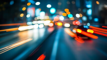 Dynamic light streaks illuminate a city street at night with bokeh lights