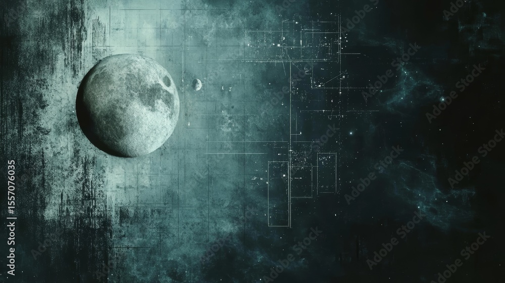 Poster abstract cosmic background with planets and geometric figures floating