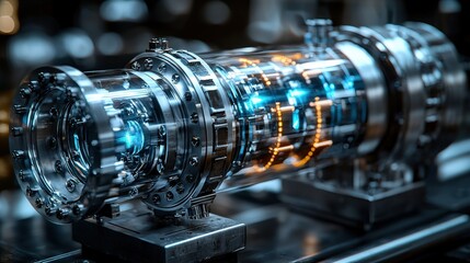 Fototapeta premium Closeup of a complex chromefinished mechanical device with blue and orange lights within a transparent cylinder