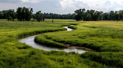 緑の草原を流れる蛇行する清流の自然風景