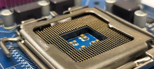 Blue computer motherboard has cpu socket