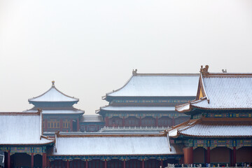 Snowscape of ancient architecture in the Forbidden City, Beijing, China.