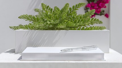 White Notepad and Pen Set on Stone Riser with Green Plant