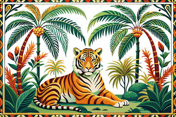 A vintage chinoiserie mural featuring a tiger resting under a tropical palm tree, surrounded by banana leaves and exotic flowers, seamless botanical border, white background. © Cartoon Maker 2