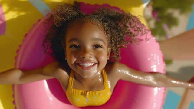 Joyful african child in pool with pink floaty on a sunny day