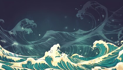 Ocean waves crashing under starry sky, glowing with mystical energy