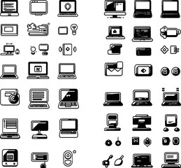 computer icons desktop laptop monitor screen keyboard mouse CPU hard drive USB power button Wi-Fi internet file folder software application coding programming digital network data sto