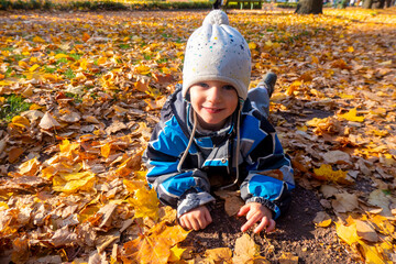 Child boy in autumn park with foliage. He lies on the yellow leaves. High quality photo