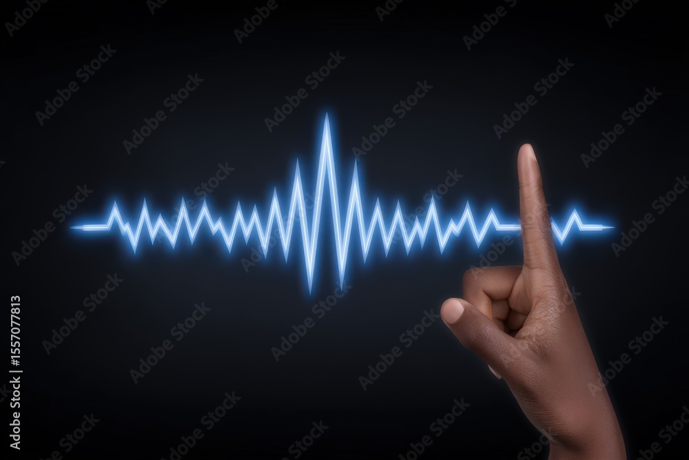 Aufkleber a striking hand gesture signaling the importance of silence against a backdrop of vibrant sound wave