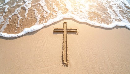 Serene beach scene with a cross drawn in sand, as ocean waves gently approach the shoreline, golden light