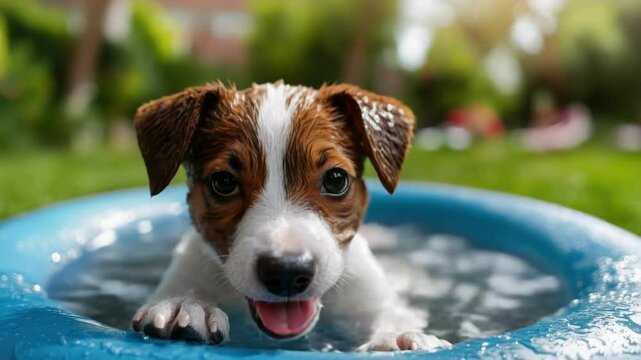Playful puppy enjoying a splash in a blue kiddie pool on a sunny day