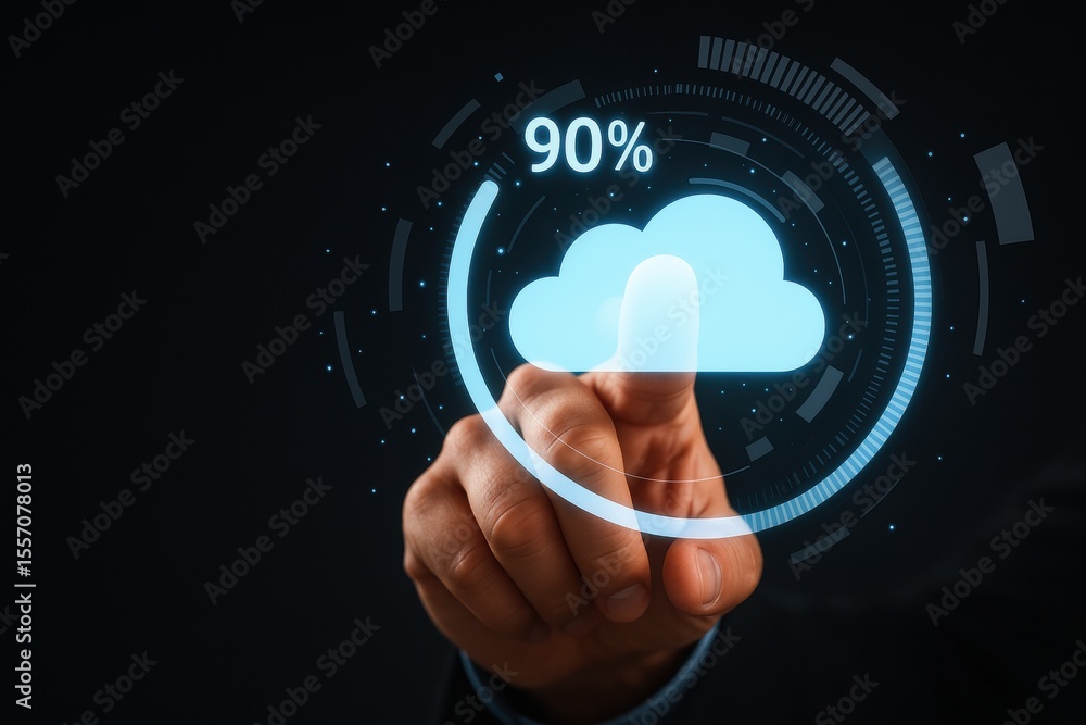 Poster digital cloud connection: a hand interacts with a digital cloud interface, showcasing 90% data uploa