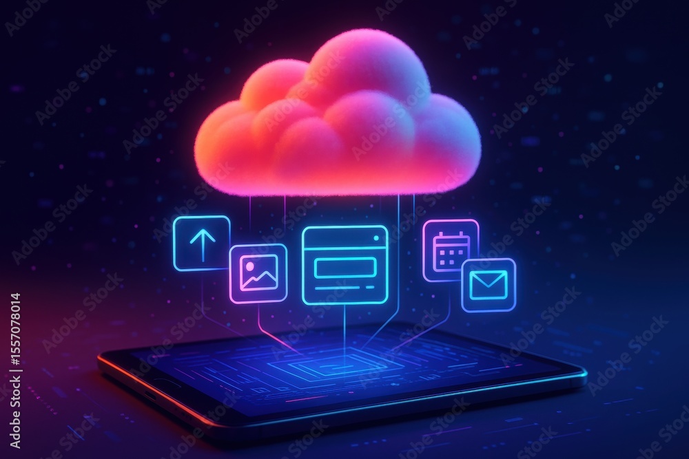 Fototapete Cloud Data Connection: A futuristic digital depiction showcasing a glowing cloud seamlessly connected to a mobile device, symbolizing interconnectedness and innovation in technology. 