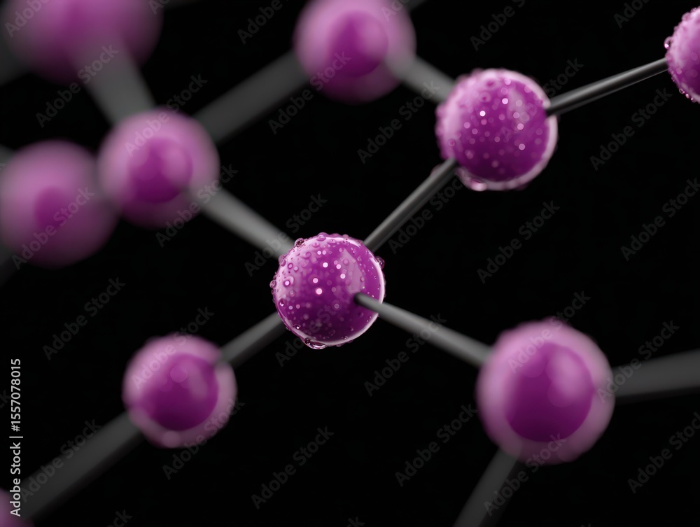 Poster dynamic molecular structure with droplets showcasing intricate bonds in a visually striking purple a