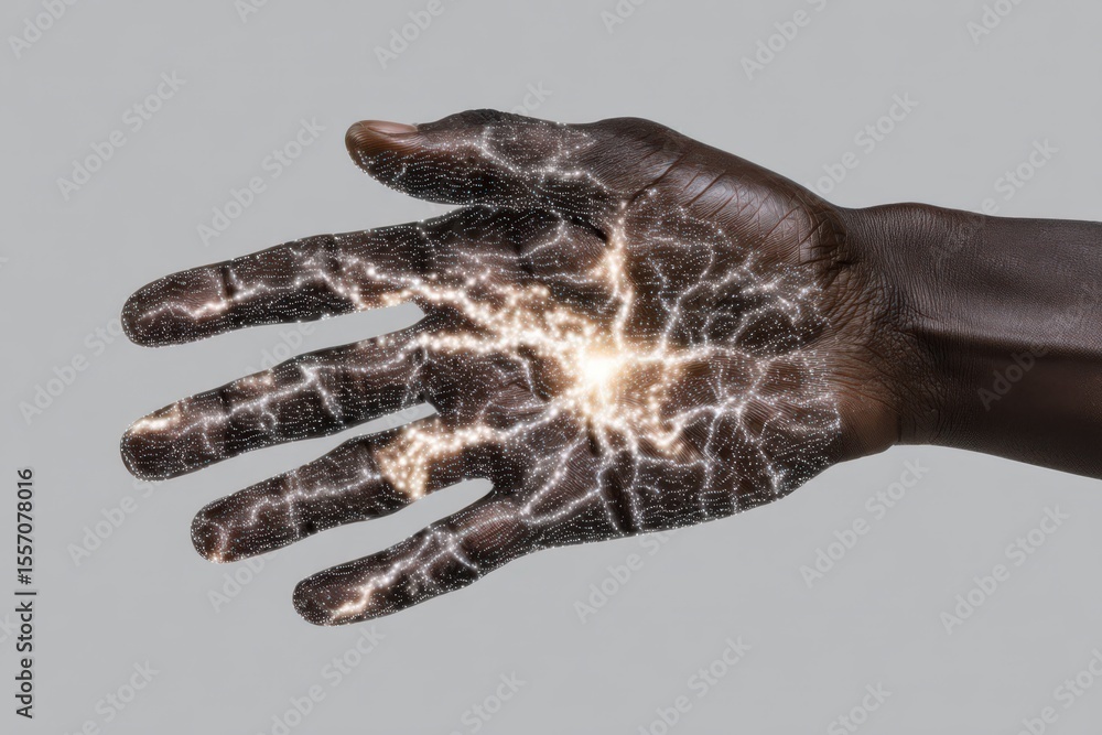Poster illuminated hand showcasing intricate neural pathways sparking creativity and innovation in a digita