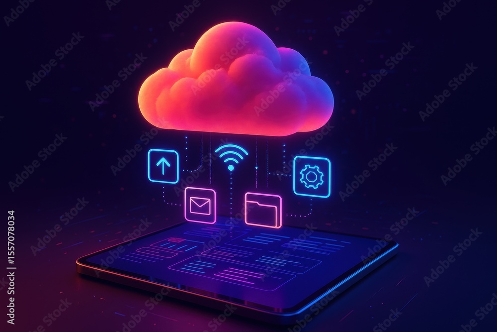 Fototapete Cloud Computing: A digital rendering illustrates the concepts of cloud computing, depicting data transfer, storage, and connection to an abstract cloud above the device.