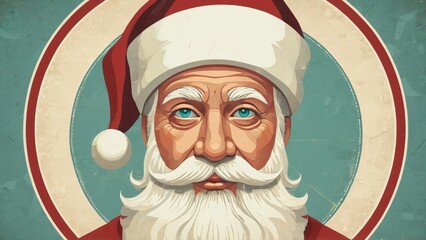 Illustration of Santa Claus with a Retro Circular Background Design, Vintage-inspired rendering of Santa Claus wearing his iconic hat, set against an artistic circular backdrop.
