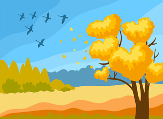 An autumn tree with leaves in the form of a heart is seen off by flying cranes. Vector conceptual illustration.