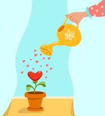 A woman's hand pours hearts over a plant on the windowsill. Vector conceptual illustration. Love and care.