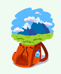 Tourist backpack with a beautiful mountain landscape. Vector conceptual illustration. Tourism and travel.