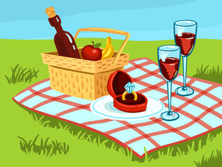 On a picnic blanket is an engagement ring. Vector conceptual illustration.