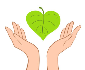 Hands protect a bright green leaf. Vector conceptual illustration. Ecology and conservation.
