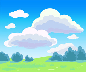 Bright summer landscape, field, trees and clouds. Vector illustration.